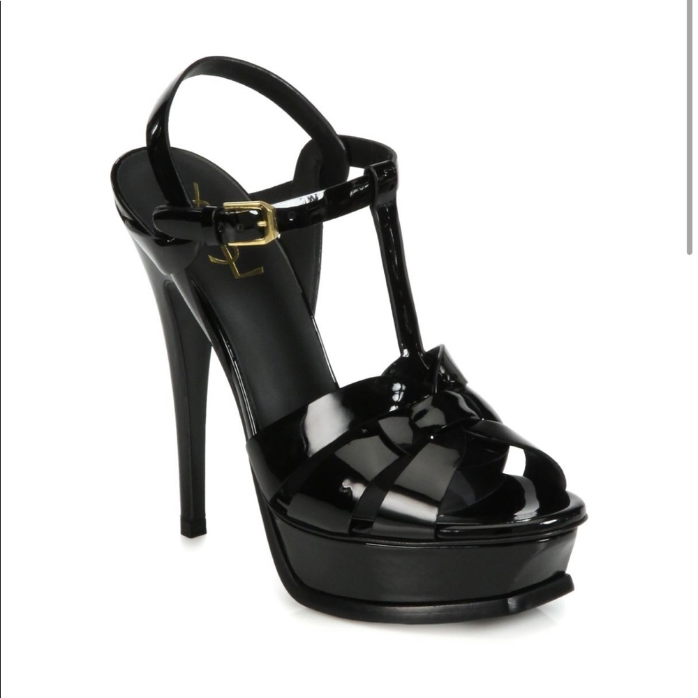 YSL Tributes T Strap Patent Leather Sandals
